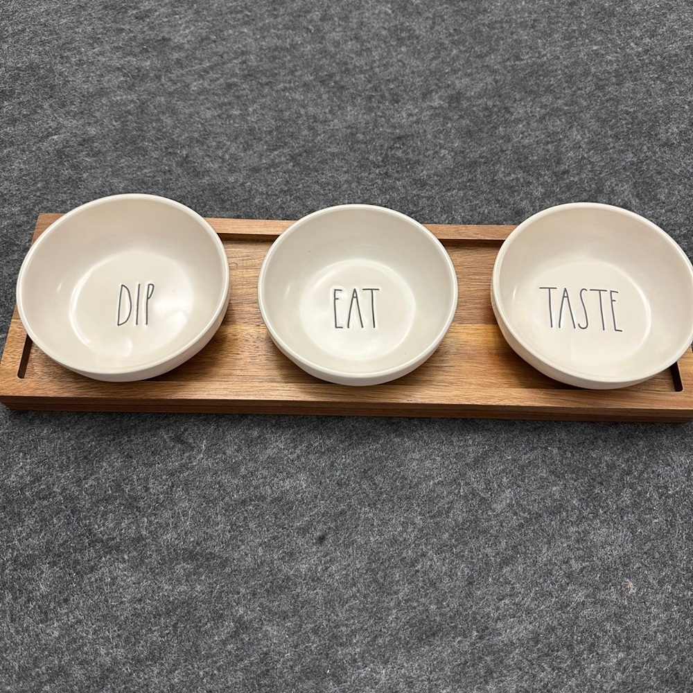 Rae Dunn Ceramic Dip Bowl Set with Wooden Tray